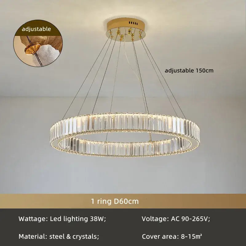 A modern decorbites crystal chandelier with clear crystal segments and a gold steel base adjustable to 150cm length