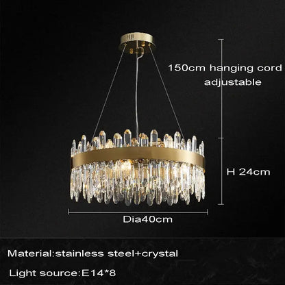 Gold-toned DecorBites crystal chandelier led with circular frame and cascading crystal droplets for dining room use
