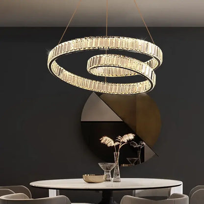 Decorbites crystal chandelier led featuring a modern double-ring design with faceted crystals and gold metal frame