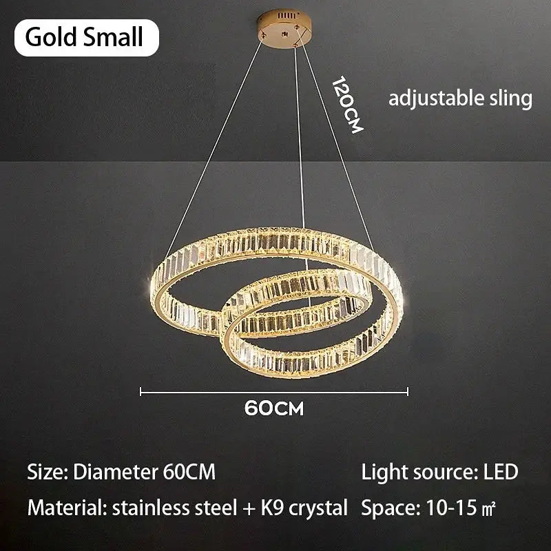 Gold-colored decorbites crystal chandelier led with double-ring design, stainless steel frame, and k9 crystal accents
