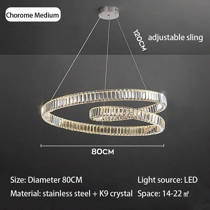Decorbites crystal chandelier led double-ring with chrome finish and k9 crystal accents on adjustable 120cm sling