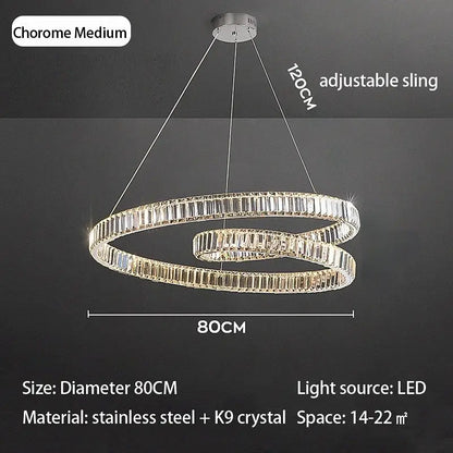 Decorbites crystal chandelier led double-ring with chrome finish and k9 crystal accents on adjustable 120cm sling