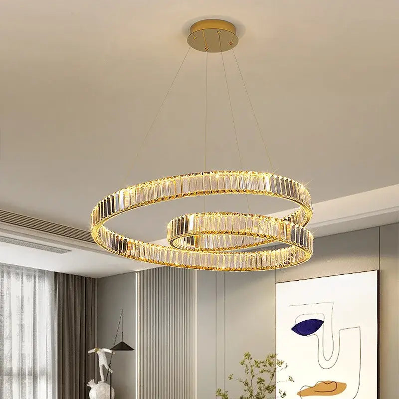 Gold-toned double-ring decorbites crystal chandelier with faceted crystals crystal chandelier led light fixture for modern decor