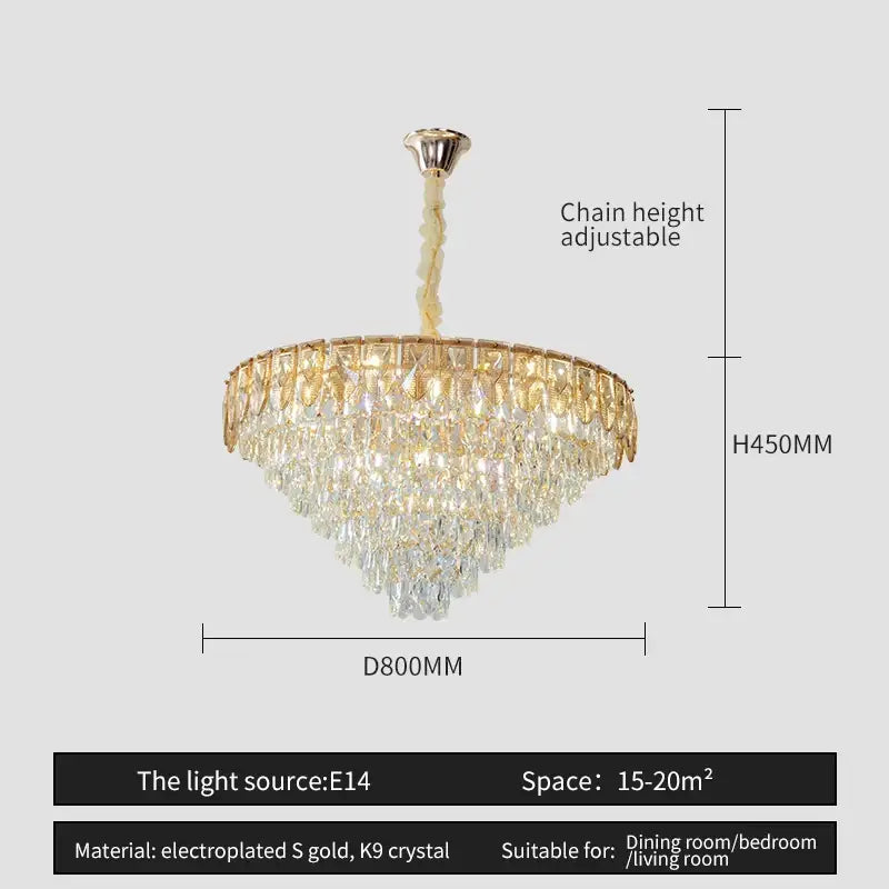 A luxurious gold-plated decorbites crystal chandelier with cascading clear k9 crystal tiers for elegant living rooms