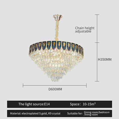 A decorbites crystal chandelier with clear k9 crystals and blue gold electroplated s gold rim for luxury living rooms