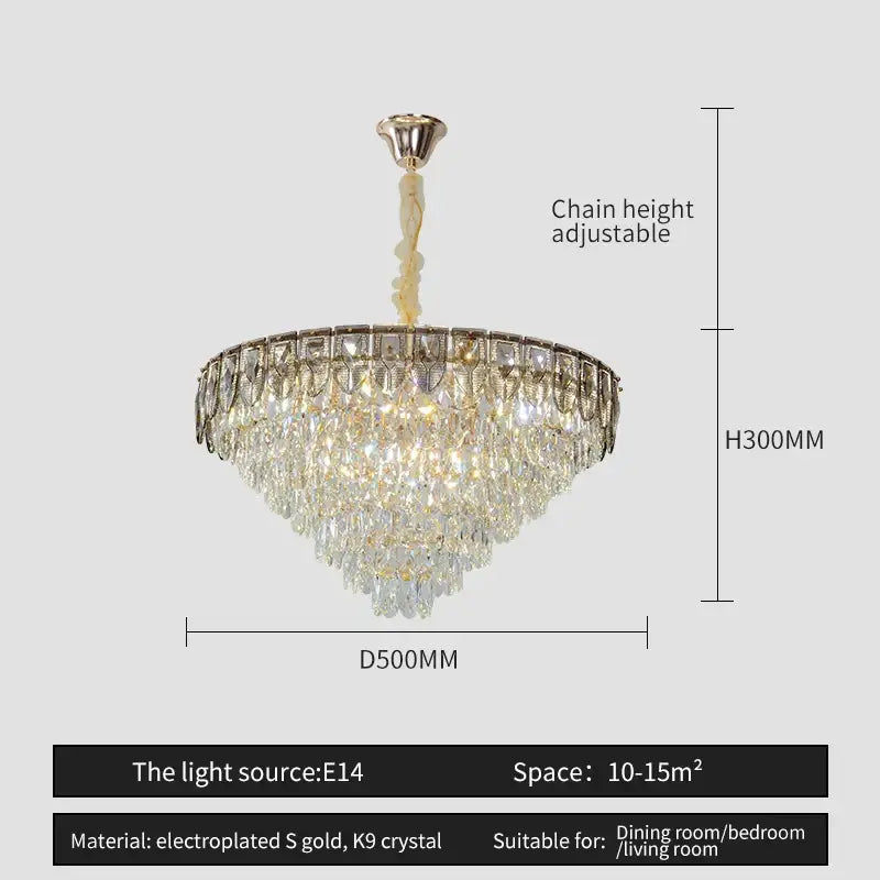 Decorbites crystal chandelier with cascading clear k9 crystals and electroplated s gold frame for luxury living room and hotel use