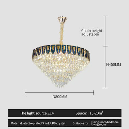 Decorbites crystal chandelier with gold electroplated frame and cascading k9 crystals for living room and hotel use