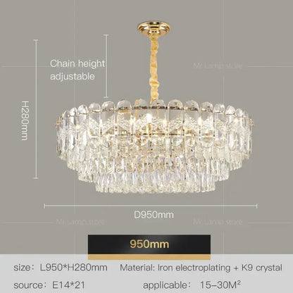 Elegant decorbites crystal chandelier with gold-toned iron electroplated frame and cascading k9 crystals for modern luxury lighting