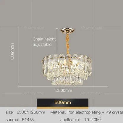Decorbites crystal chandelier with tiered k9 crystals and gold-toned iron frame featuring adjustable chain height