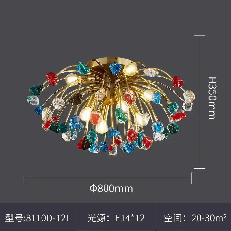 A vibrant gold-toned lighting fixture with colorful faceted glass beads by DecorBites crystal chandelier for dining room
