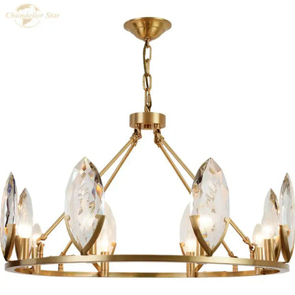 Gold-toned DecorBites crystal chandelier with faceted crystal teardrop shades and circular frame for luxurious living spaces