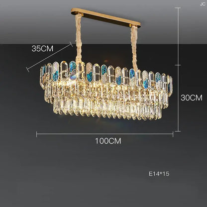 Elegant gold-toned DecorBites crystal chandelier with cascading crystal droplets and blue-accented panels chandelier LED lighting