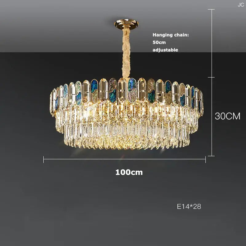 Gold-toned decorbites crystal chandelier led lighting with cascading crystal droplets and blue-tinted glass panels for living room