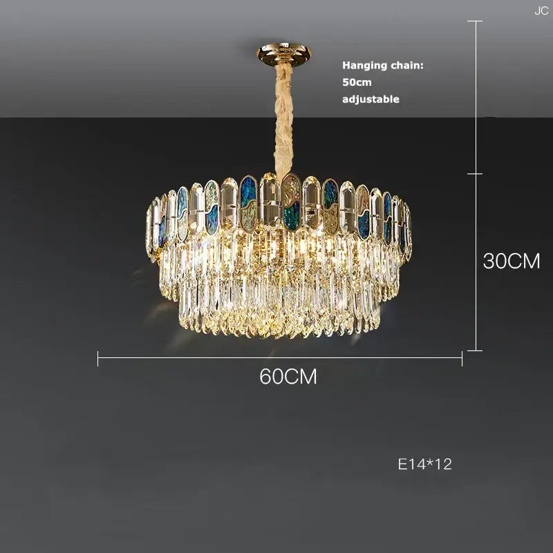 DecorBites crystal chandelier led lighting with gold tone, cascading clear crystals, and blue-tinted glass panels for living room