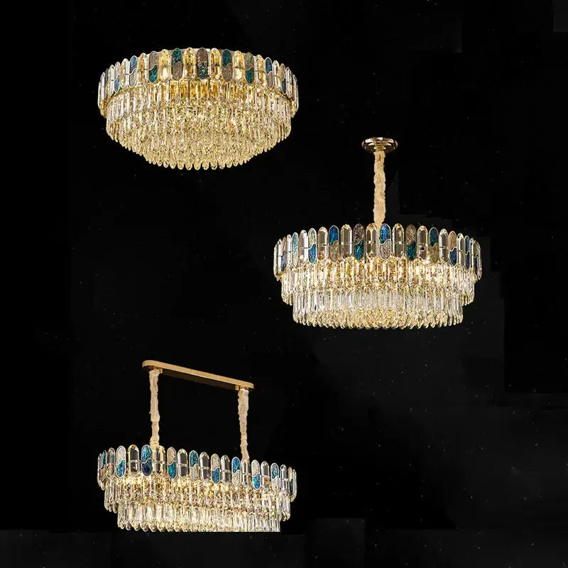 Three elegant gold-toned decorbites crystal chandelier led lighting with clear crystals and blue glass panels for living room