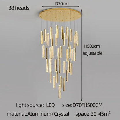 Gold-toned DecorBites crystal chandelier with 38 crystal-encrusted pendants for mezzanine LED dining room lighting