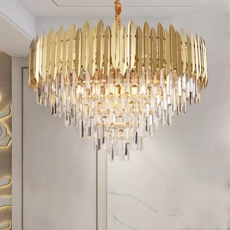 A luxurious gold-toned decorbites crystal chandelier pendant light with cascading prisms for luxury living room décor