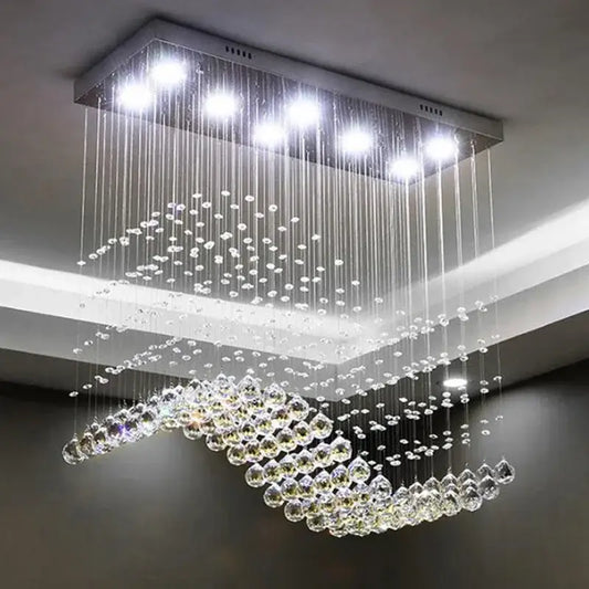 DecorBites crystal chandelier led pendant light with metallic frame and clear crystal droplets for living room decor