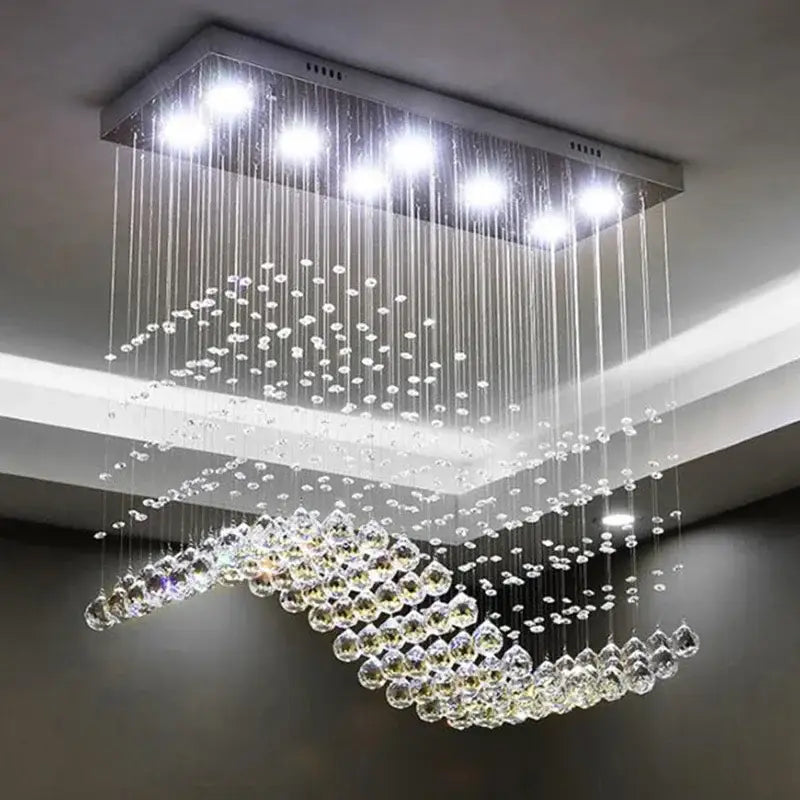 DecorBites crystal chandelier led pendant light with metallic frame and clear crystal droplets for living room decor