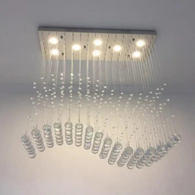 Modern rectangular decorbites crystal chandelier pendant light with clear crystal droplets and metallic frame for living room
