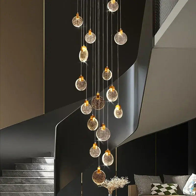 A decorbites crystal chandelier led pendant light with golden spherical glass orbs for modern duplex staircases