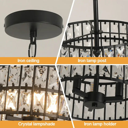 Black iron DecorBites crystal chandelier LED pendant light with cylindrical crystal lampshade for modern decor