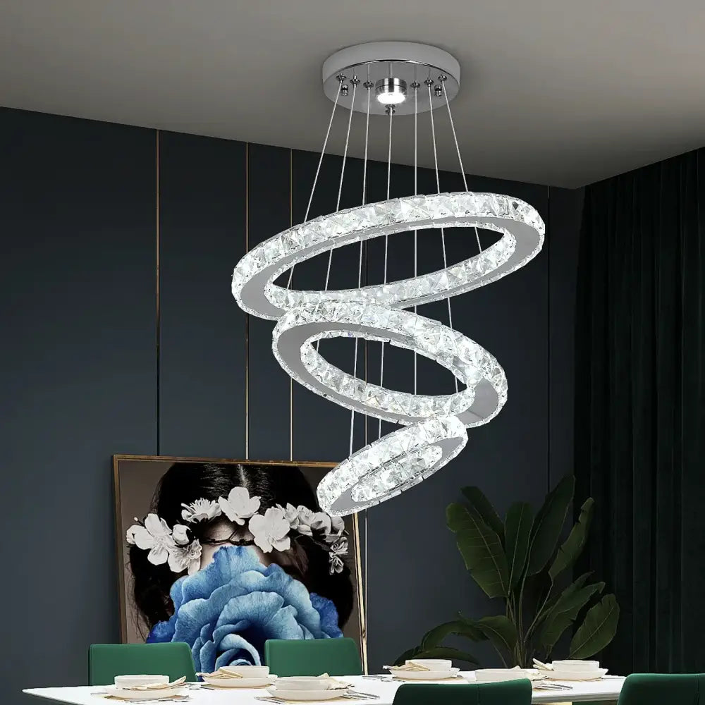 DecorBites crystal chandelier led pendant lighting with multiple crystal rings and chrome finish for living room