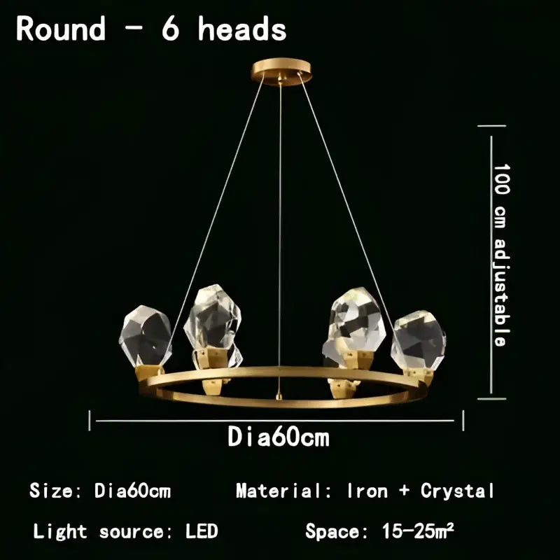 Gold-toned DecorBites crystal chandelier pendant lights with six faceted crystal LED lights in modern Nordic style circular ring