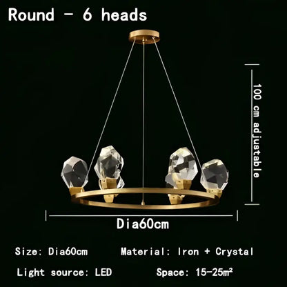 Gold-toned DecorBites crystal chandelier pendant lights with six faceted crystal LED lights in modern Nordic style circular ring