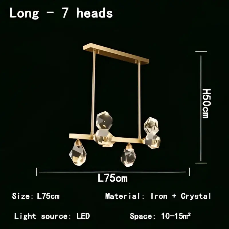 Gold-toned DecorBites crystal chandelier LED pendant lights with seven faceted crystal pendants on iron frame