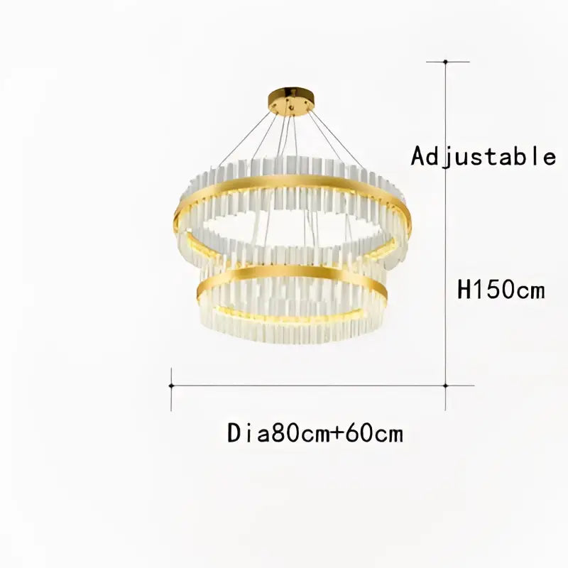 Decorbites crystal chandelier led ring lamp gold-toned double-tier with clear crystal rods and adjustable height for living room