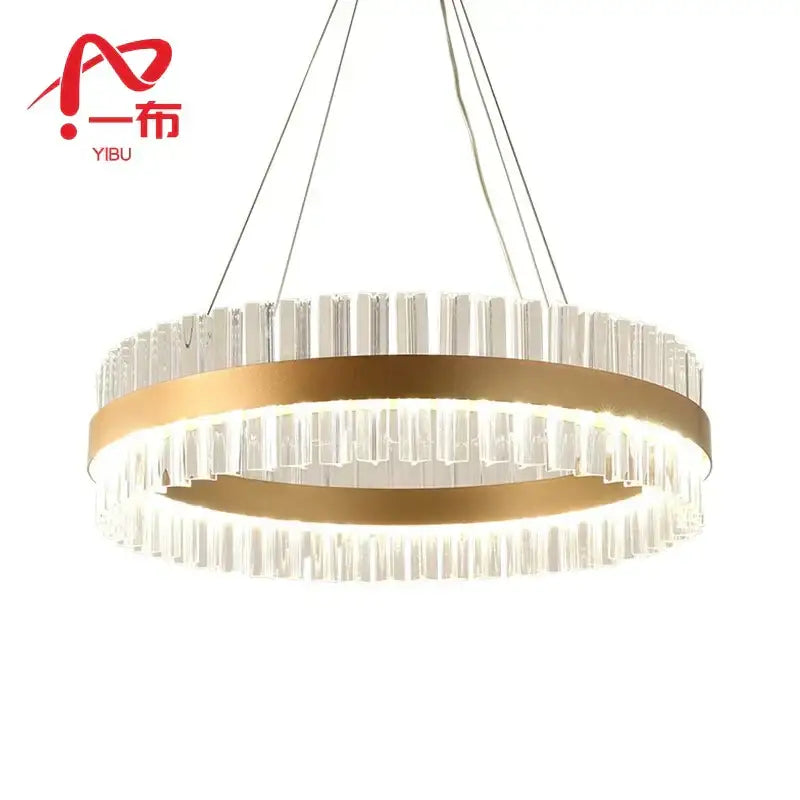 Gold-toned decorbites crystal chandelier with clear crystal rods and illuminated led rings for dining and living rooms