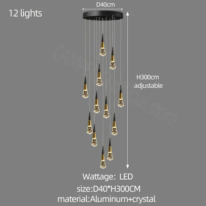 Black and gold crystal chandelier led with 12 adjustable lights by decorbites for staircase and elegant interiors