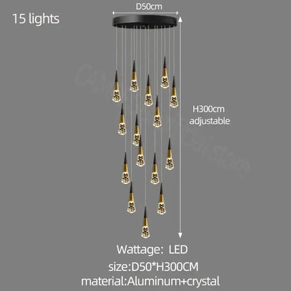 Decorbites crystal chandelier black and gold crystal pendant with 15 led lights for staircase and living room decor