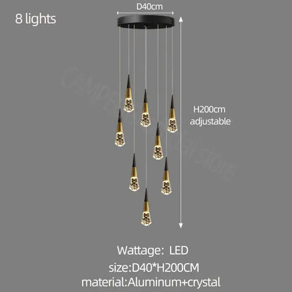 Black and gold DecorBites crystal chandelier LED with eight crystal pendant lights for staircase and elegant living spaces