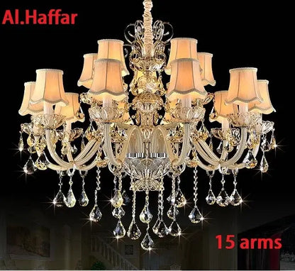 Gold-toned al.haffar decorbites crystal chandelier light with 15 arms, crystal droplets, and beige lampshades for luxury living