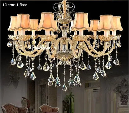 Golden ornate decorbites crystal chandelier light with twelve arms crystal pendants and warm lampshades for luxury living