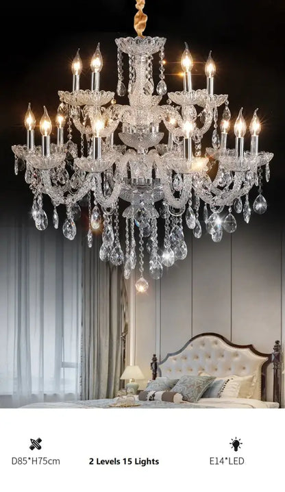 A decorbites crystal chandelier light with multiple tiers and brass-finished fixture for luxury living spaces