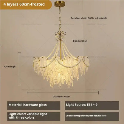 Elegant gold-toned decorbites crystal chandelier light with layered crystal peacock feather design and adjustable pendant chain