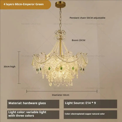 DecorBites crystal chandelier light with four layers, glass leaves, green beads, and electroplated copper frame for luxury rooms
