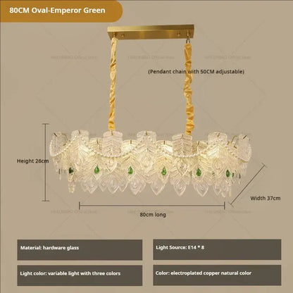 Decorbites crystal chandelier light with 80cm oval green crystal leaves, teardrop accents, and copper frame for luxury rooms