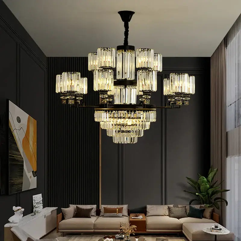 Decorbites crystal chandelier light with black and gold frame and cascading clear glass prisms for luxury living spaces