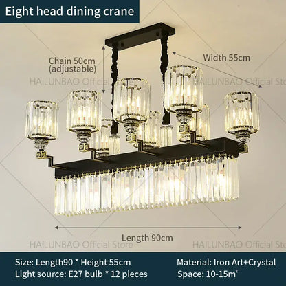 Black iron art dining crane decorbites crystal chandelier light with eight crystal arms and cascading crystal fringe