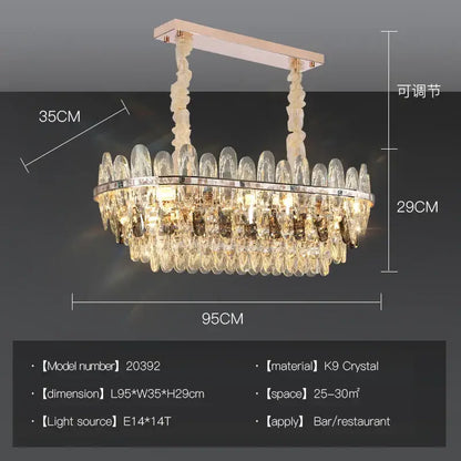 Luxurious decorbites crystal chandelier with oval polished chrome frame and cascading k9 crystal droplets suspended by cream chains