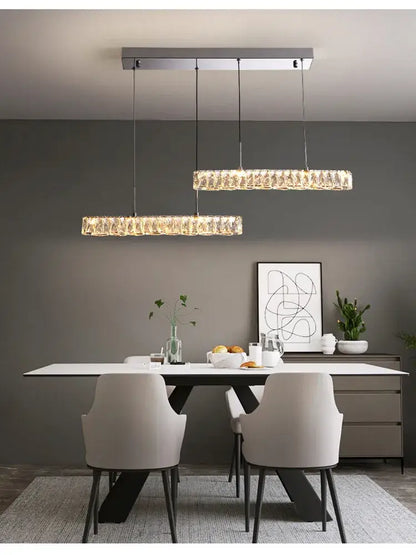 Modern rectangular DecorBites crystal chandelier with crystal accents and sleek metallic frame for living and dining rooms