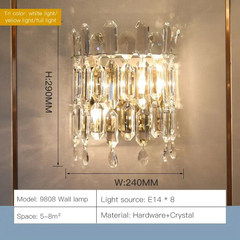 DecorBites crystal chandelier wall lamp with gold-toned frame and cascading clear crystal prisms for luxe living rooms