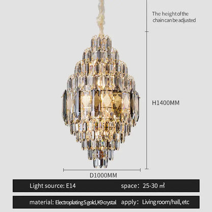 DecorBites crystal chandelier with gold electroplated metal and clear K9 crystals for villa or hotel lighting