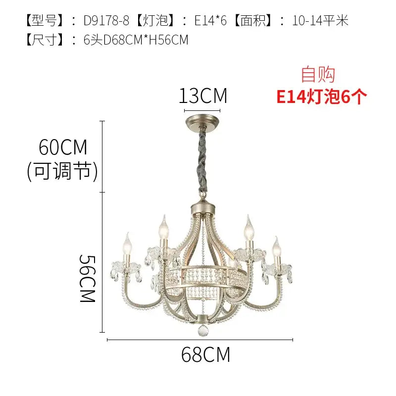 Antique brass decorbites crystal chandelier pendant light with six crystal arms and beaded design for bedroom or living room