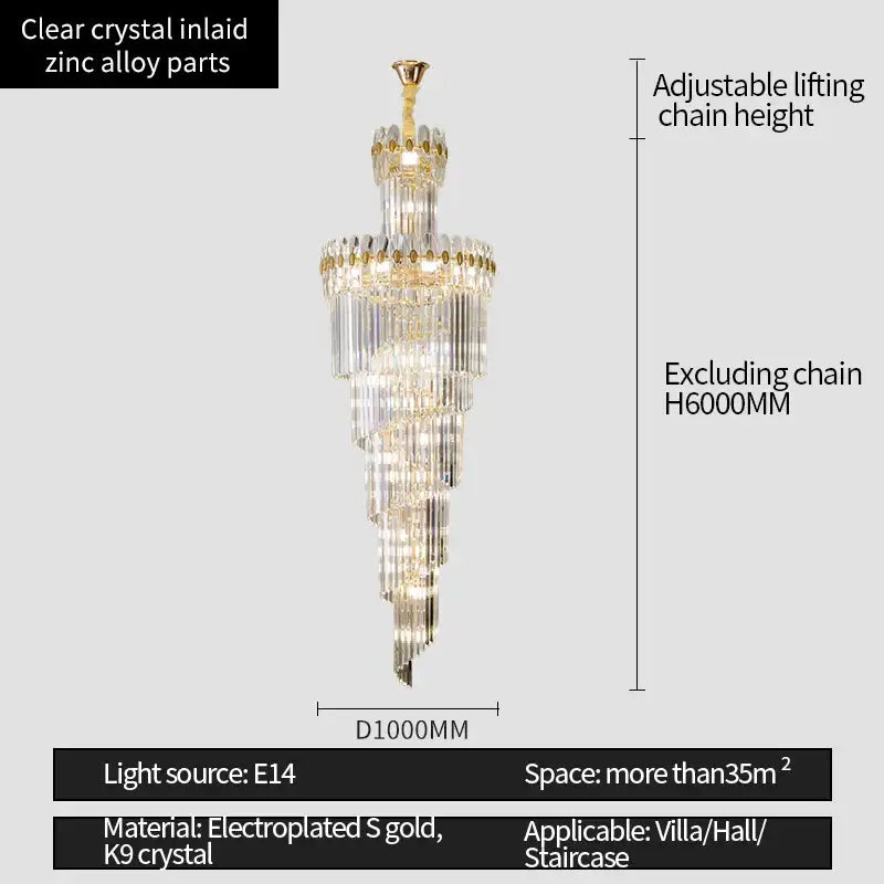 Elegant decorbites crystal chandelier with clear crystal strands and electroplated gold accents for luxe stairwell lighting