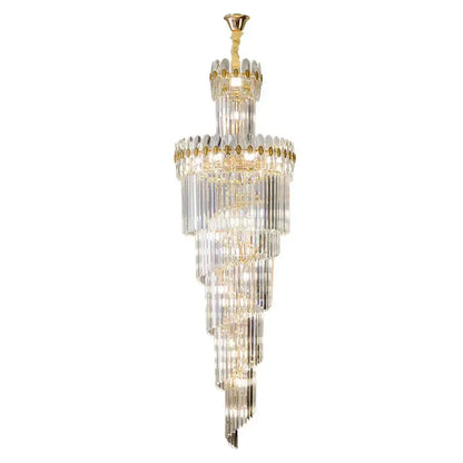 A decorbites crystal chandelier with gold-toned accents and cascading glass rods ideal for duplex villa lighting fixture